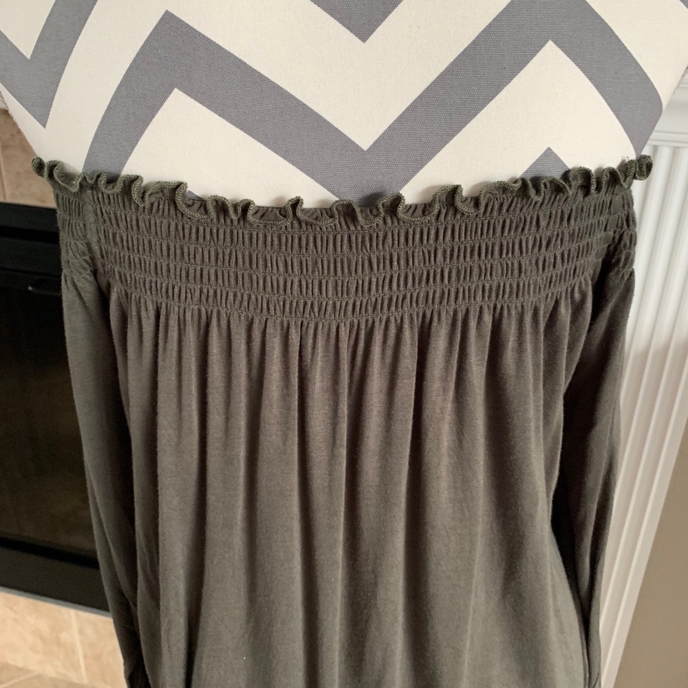 Army Green, Soft and Stretchy, Off Shoulder Tunic With Tie Sleeves, L